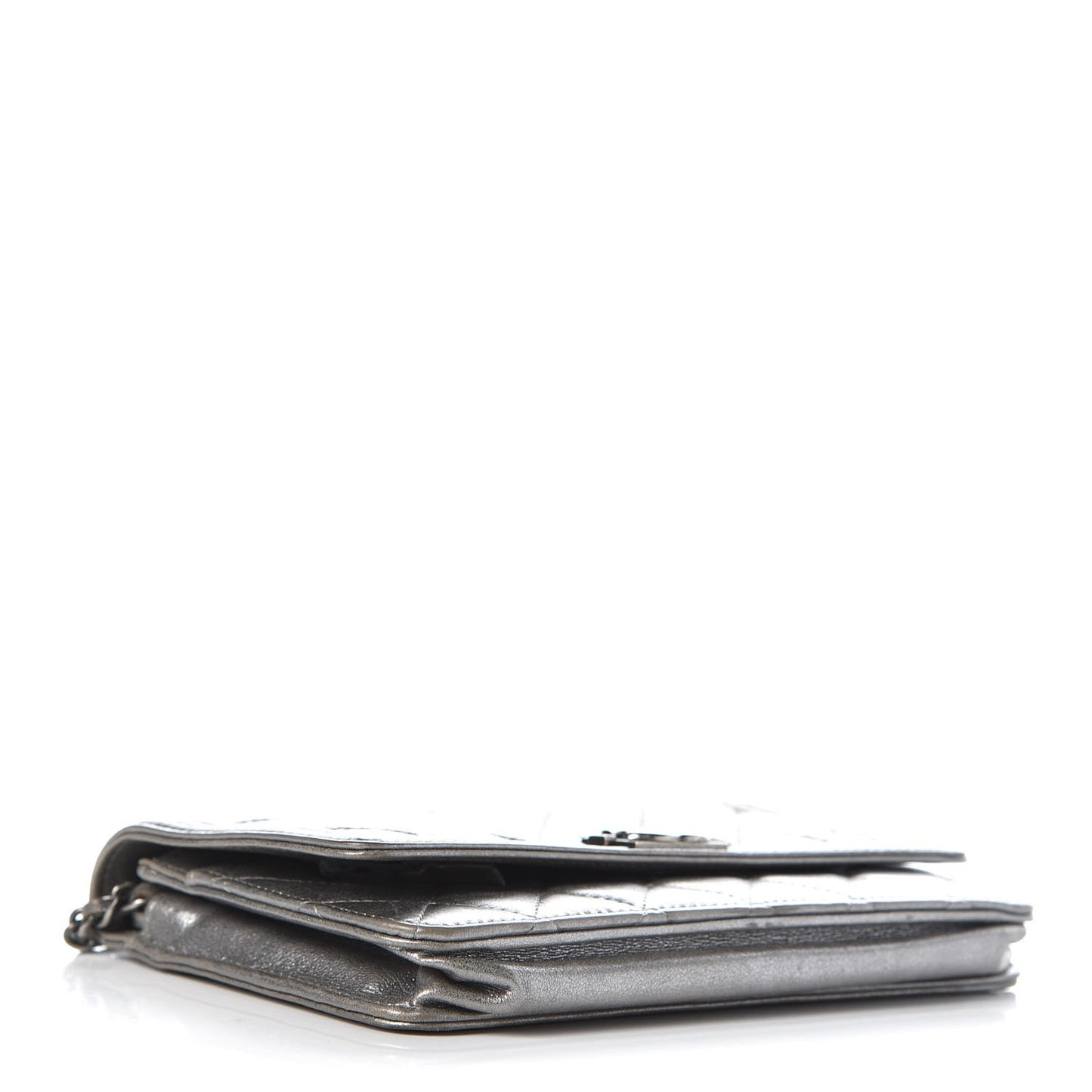 Metallic Calfskin Quilted Boy Wallet On Chain WOC Silver