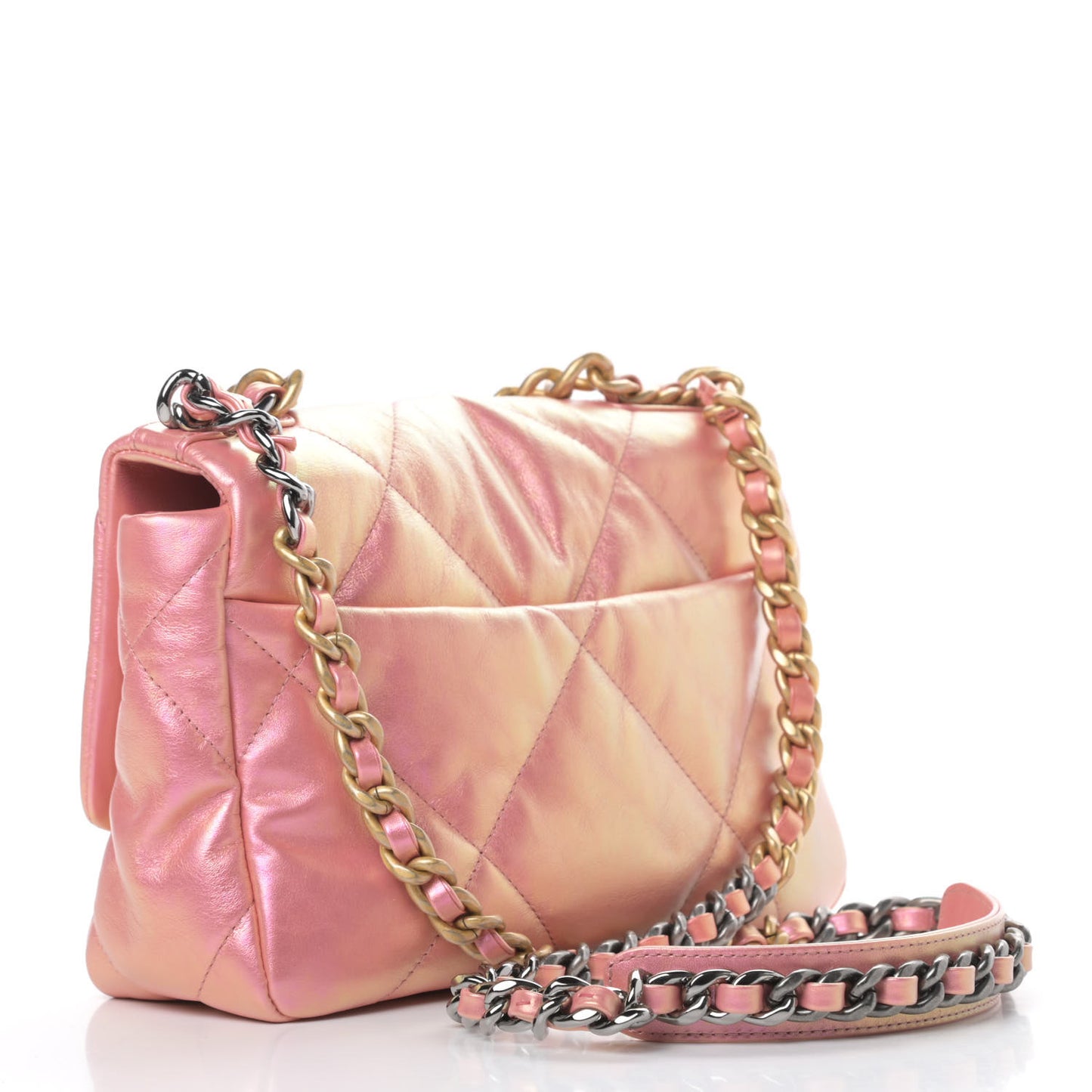 Iridescent Calfskin Quilted Medium Chanel 19 Flap Pink
