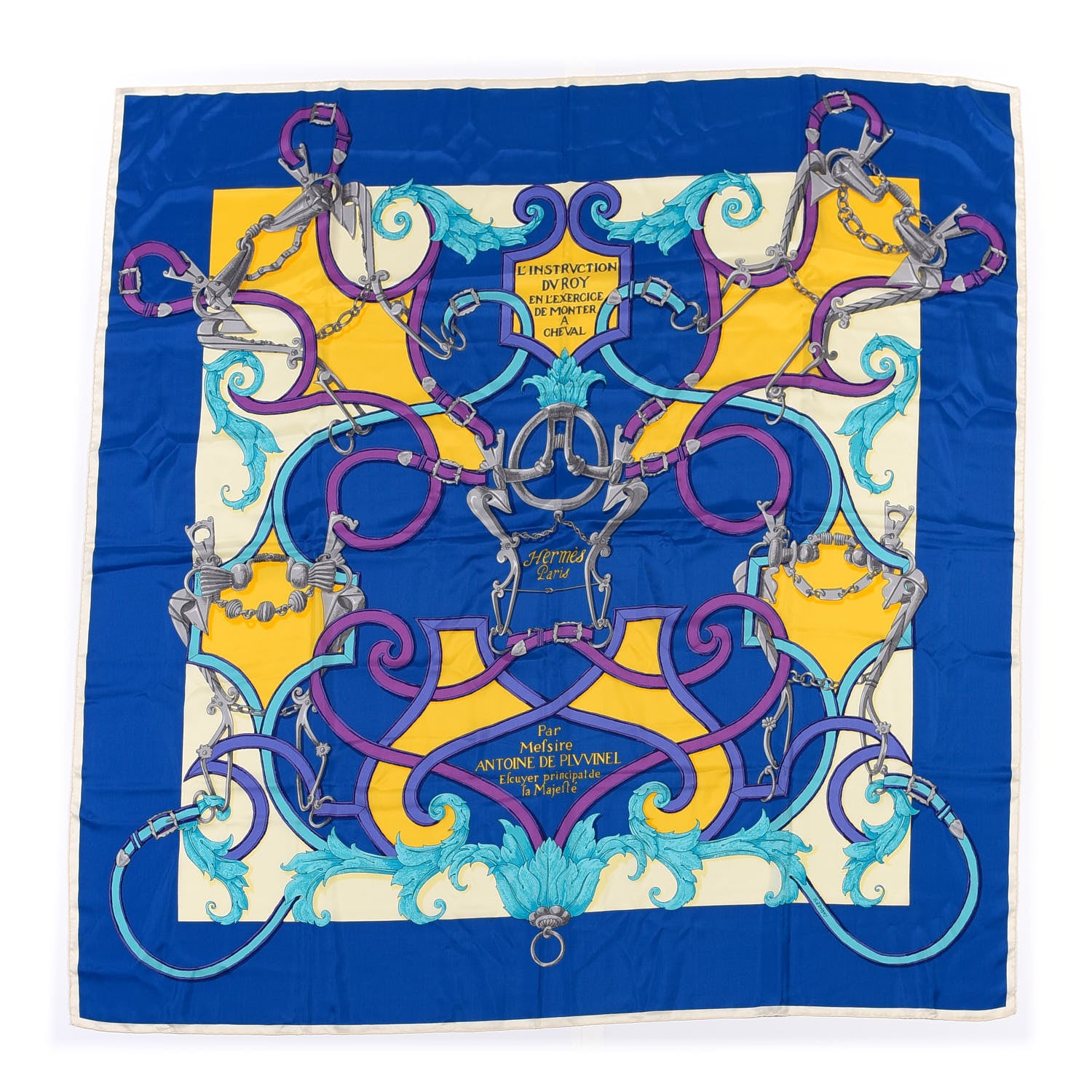 Hermes Cashmere Silk L'Instruction Du Roy Shawl 140 Caban Cobalt Turquoise 1 of 7