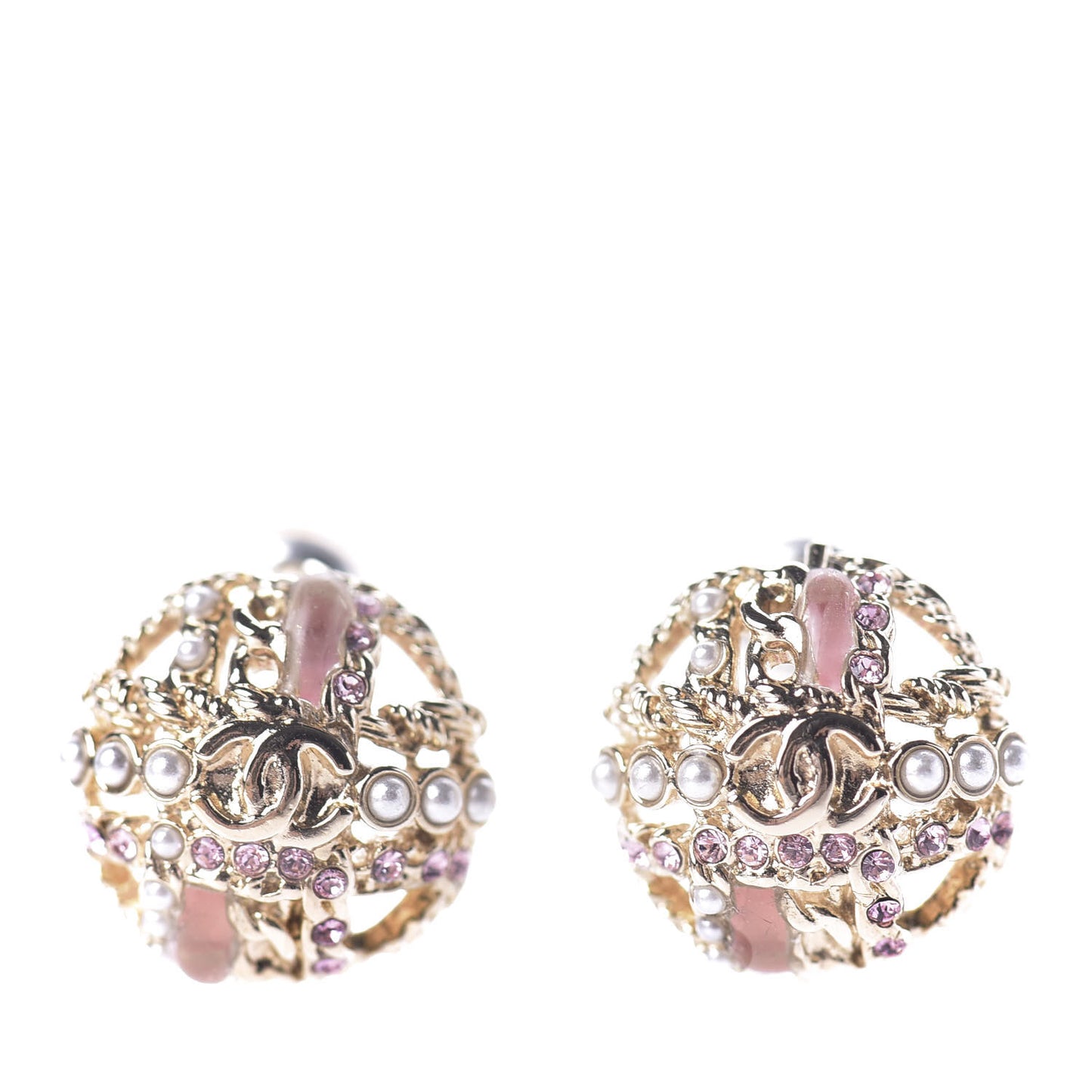 Crystal Pearl CC Round Earrings Gold Pink