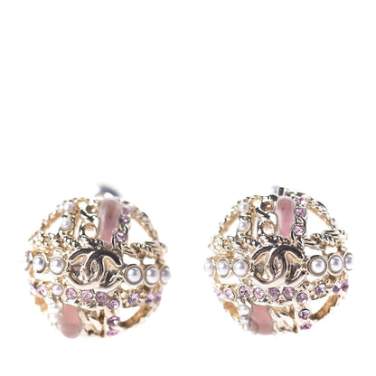 Chanel Crystal Pearl CC Round Earrings Gold Pink 1 of 4