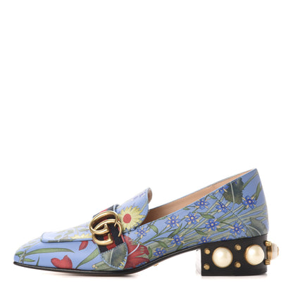 Gucci Apollo Calfskin Web Pearl New Flora Peyton 35mm Loafer Pumps 37 Azure 1 of 9