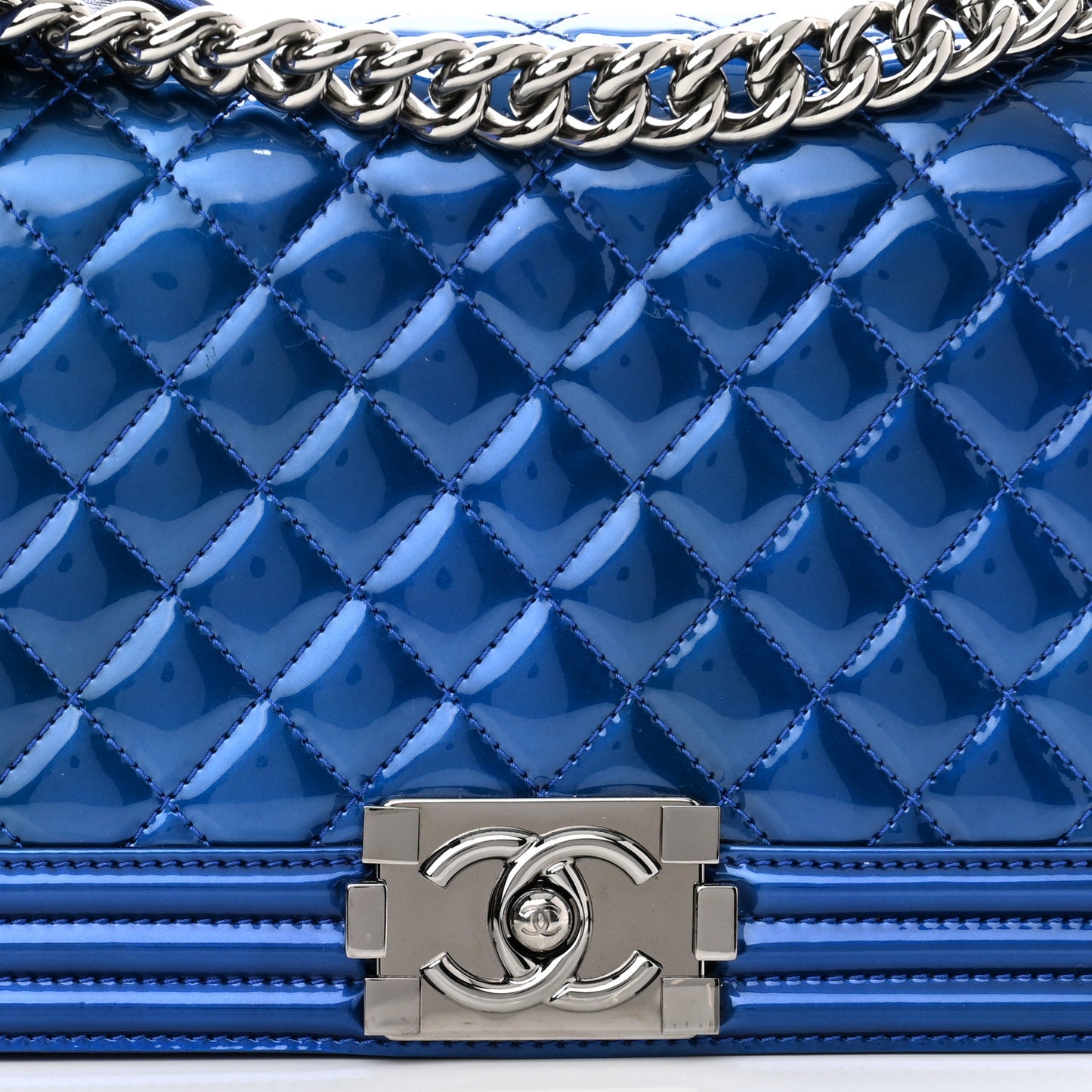 Metallic Patent Quilted Medium Boy Flap Blue