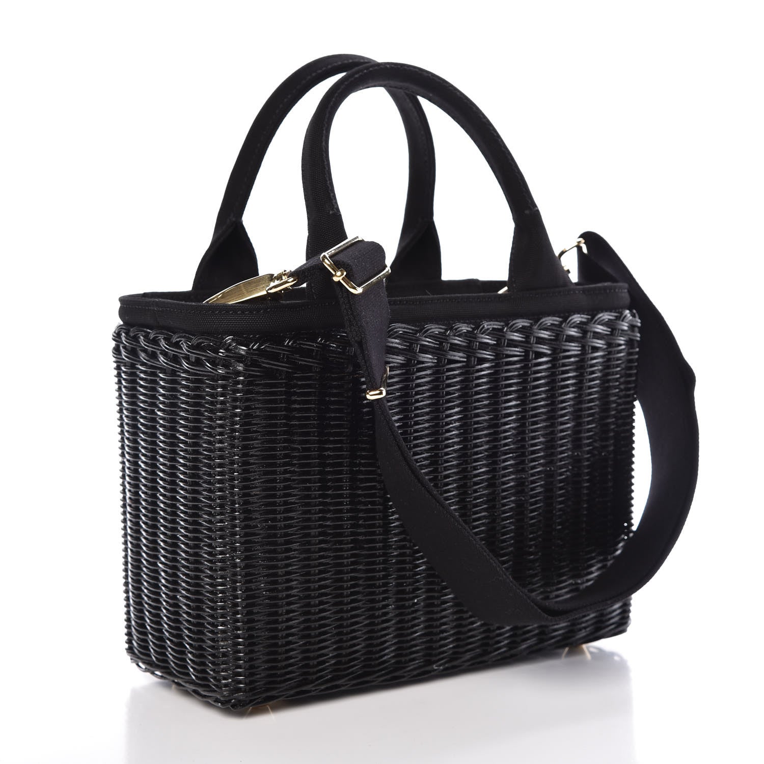 Prada Wicker Canvas Shoulder Bag Black 3 of 8