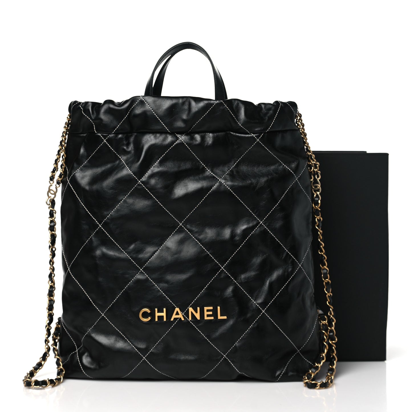 Shiny Calfskin Stitched Quilted Chanel 22 Backpack Black