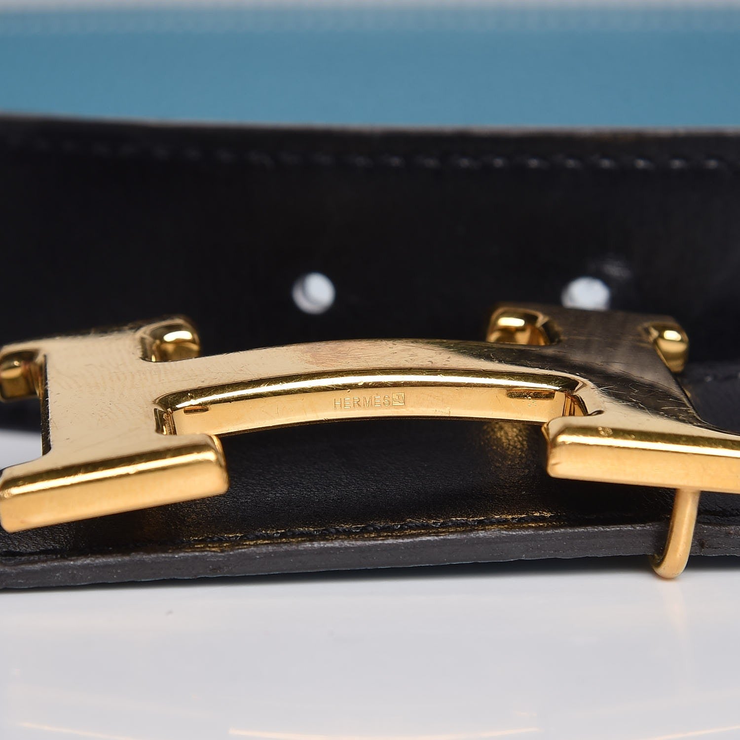 Hermes Togo Box 32mm H Belt 90 Black Blue Jean 8 of 8