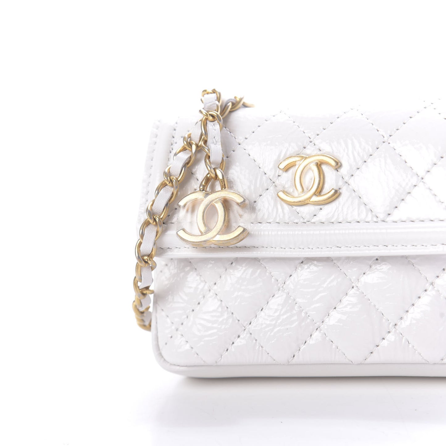 Shiny Aged Calfskin Quilted Waist Belt Bag White