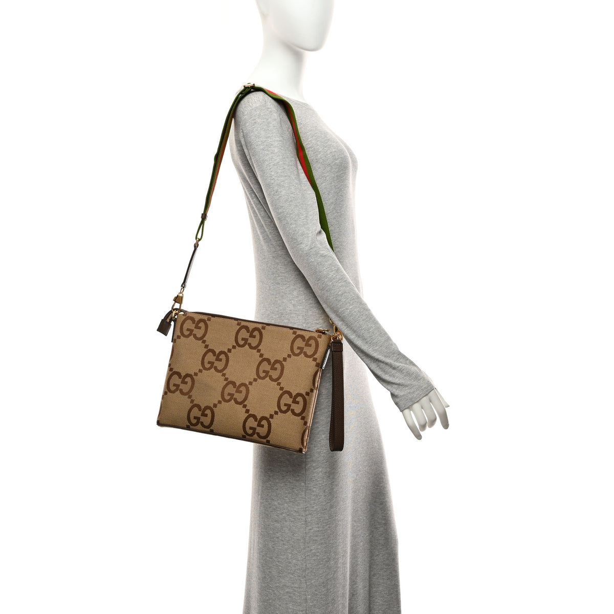 Gucci Monogram Jumbo GG Textured Dollar Calfskin Web Wristlet Messenger Bag Camel Ebony New Acero 2 of 11