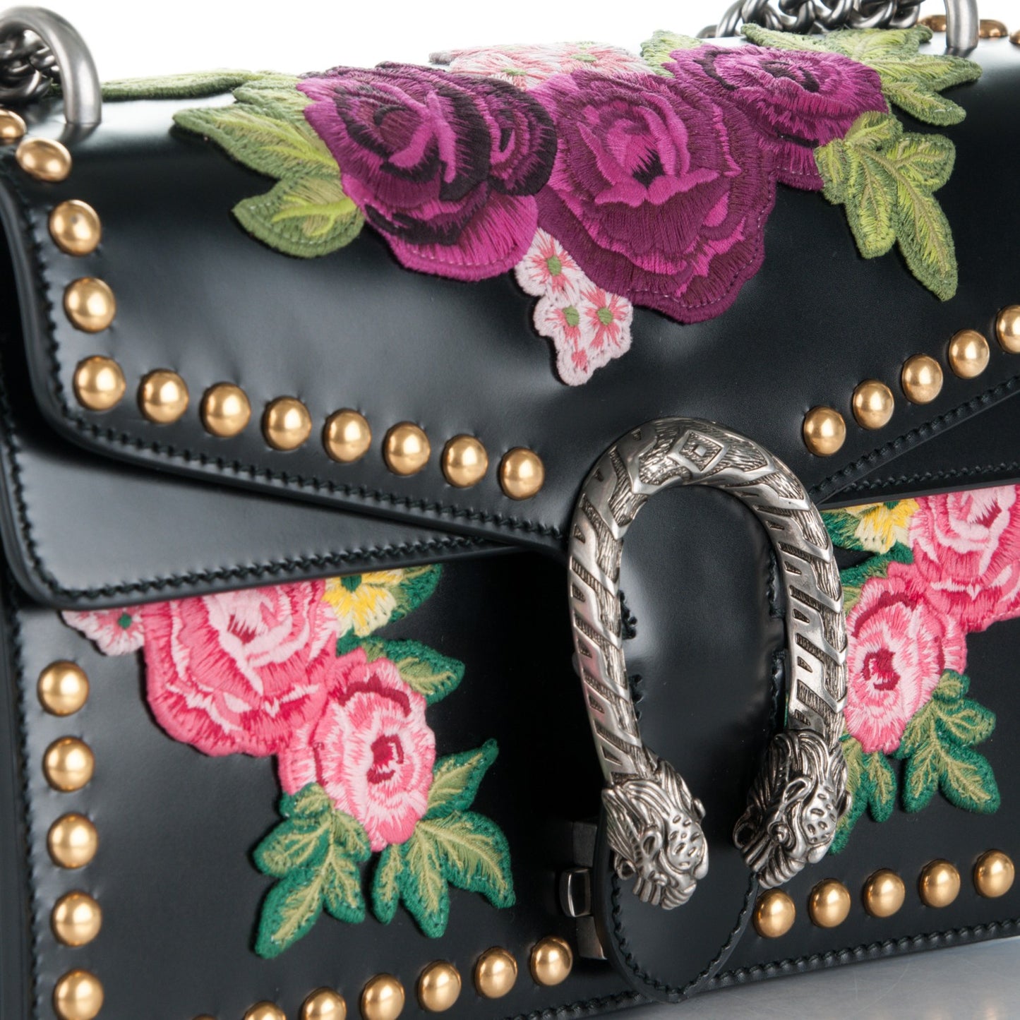 Calfskin Floral Embroidered Studded Small Dionysus Shoulder Bag Black
