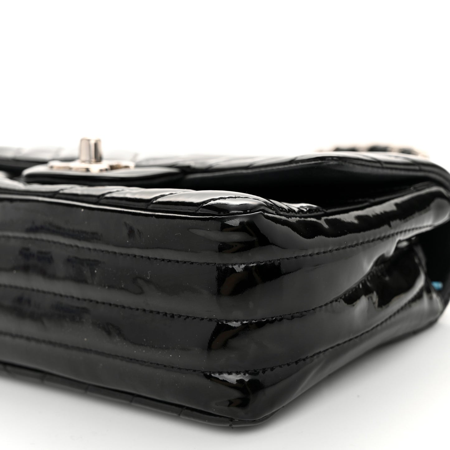 Patent Calfskin Chevron Quilted Mini Rectangular Flap Black