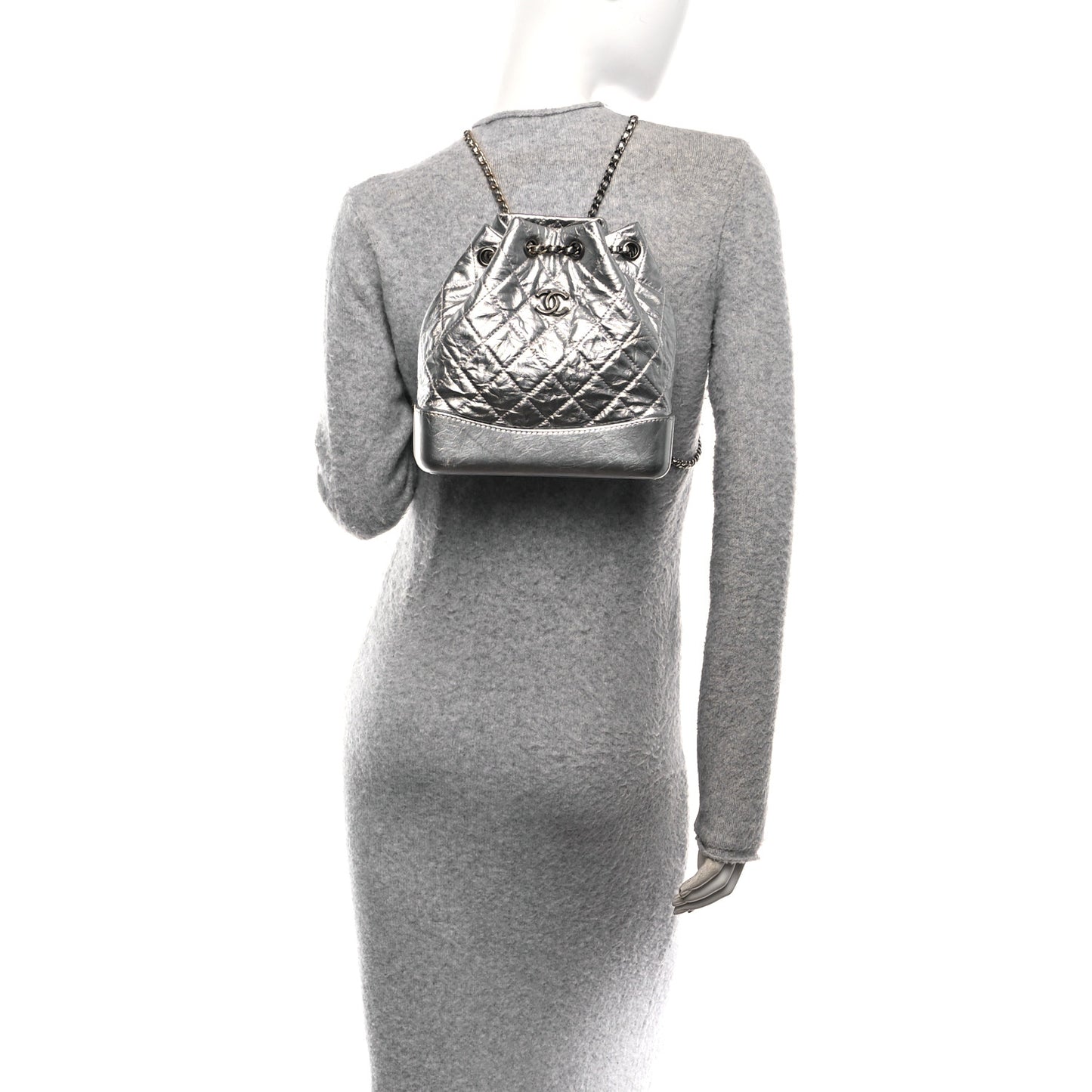 Metallic Crumpled Calfskin Quilted Small Gabrielle Backpack Silver