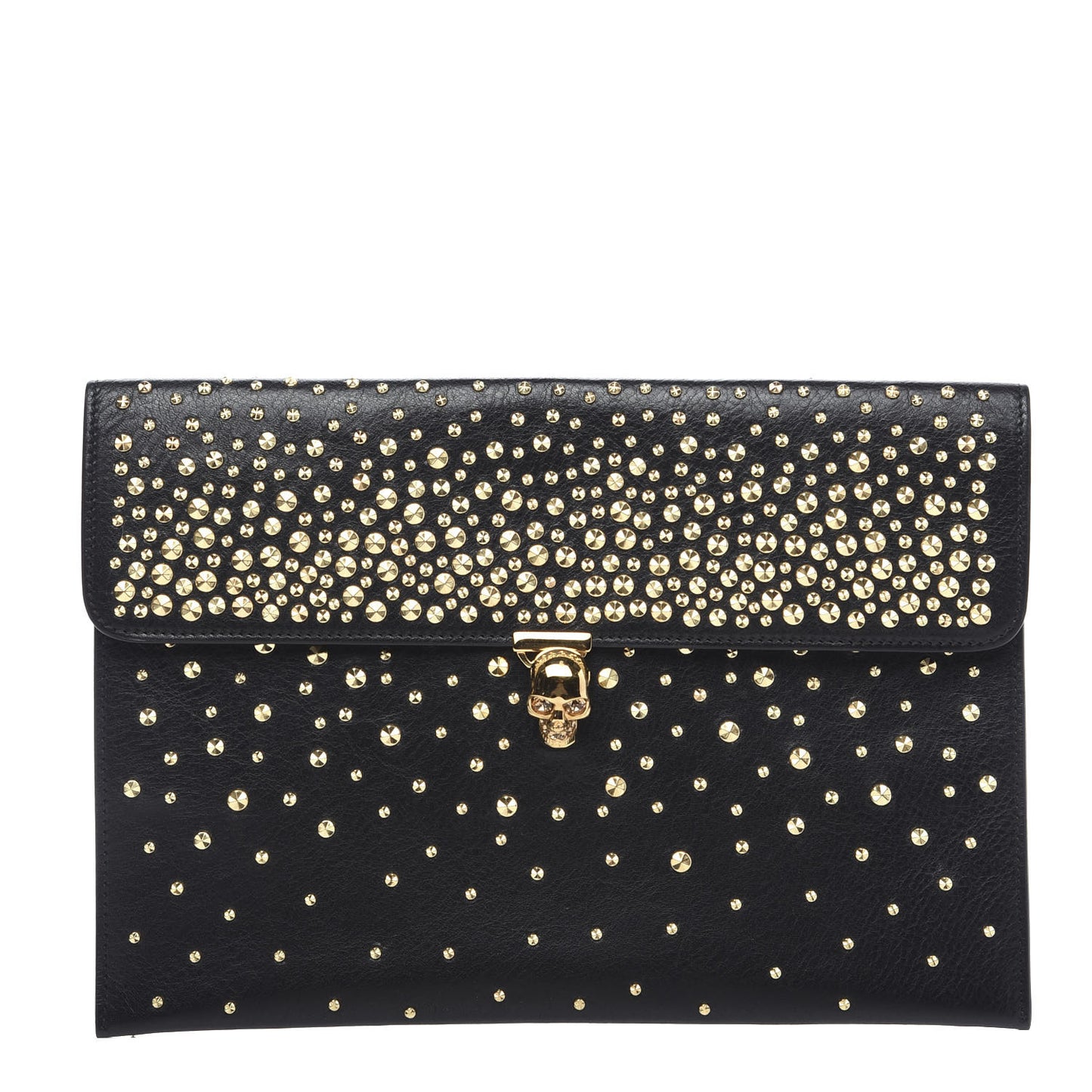 Calfskin Studded Skull Envelope Clutch Black