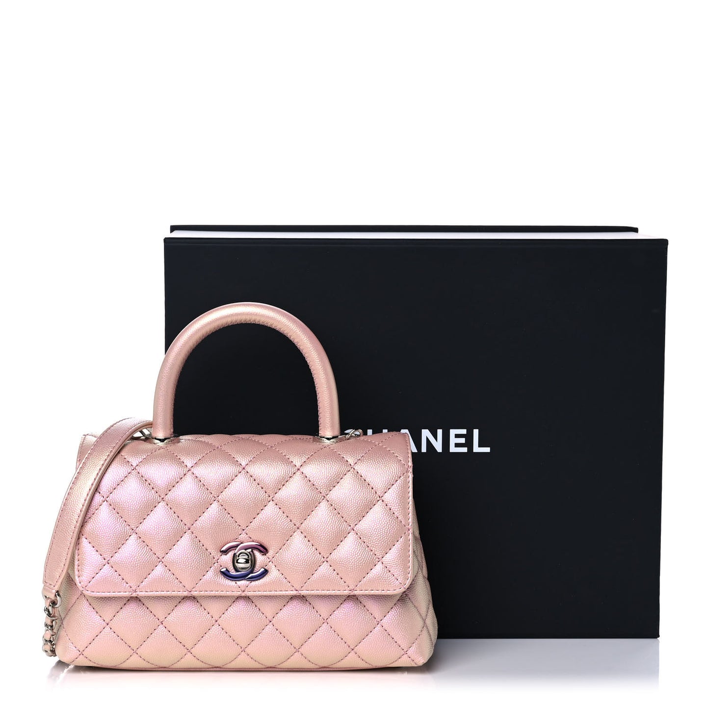 Iridescent Caviar Quilted Mini Coco Handle Flap Pink