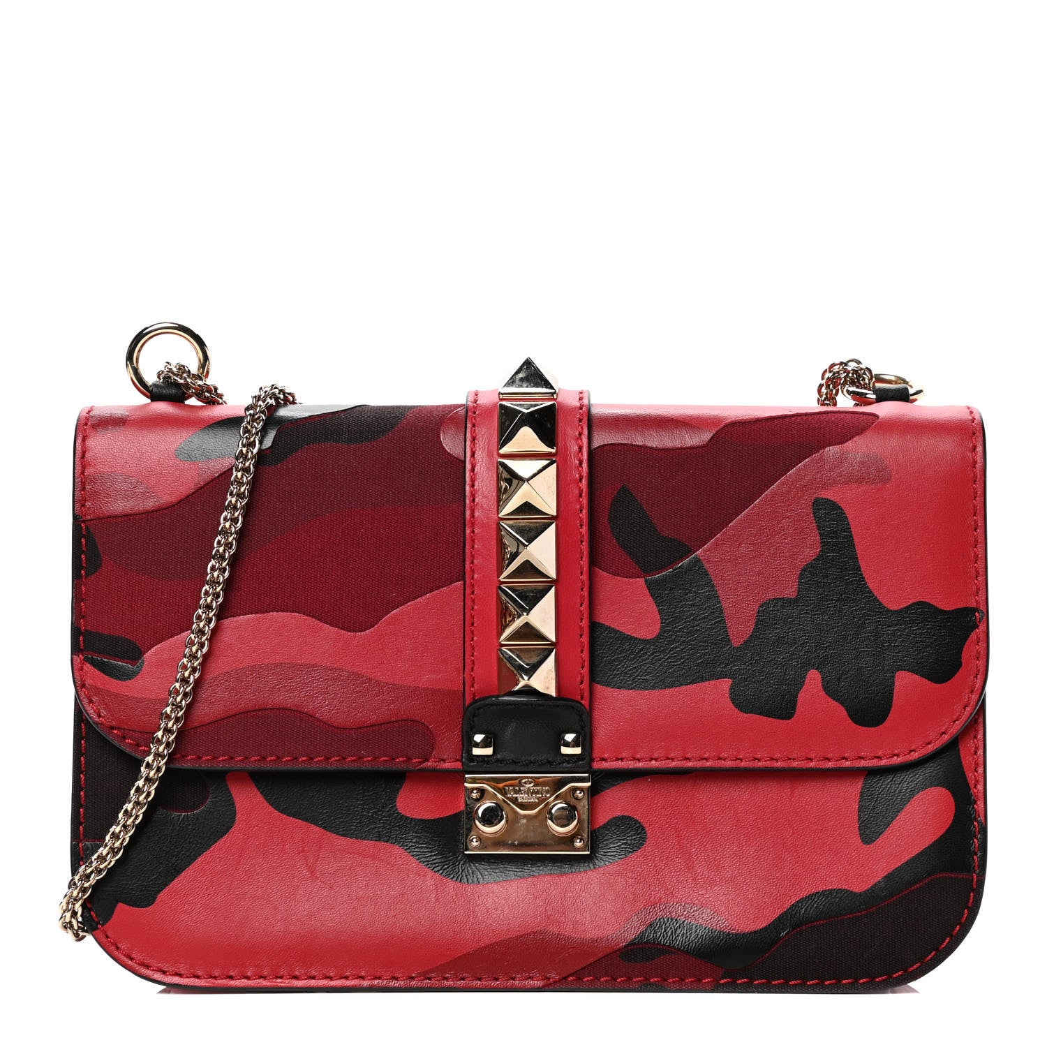 Valentino Garavani Nappa Canvas Camouflage Medium Glam Lock Rockstud Flap Red 1 of 5