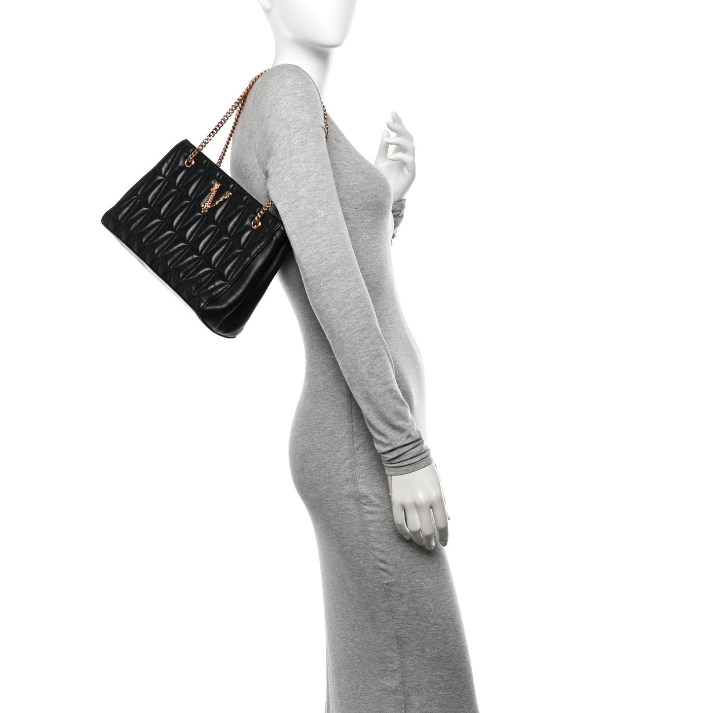 Nappa Barocco Quilted Small Virtus V Chain Shoulder Bag Black