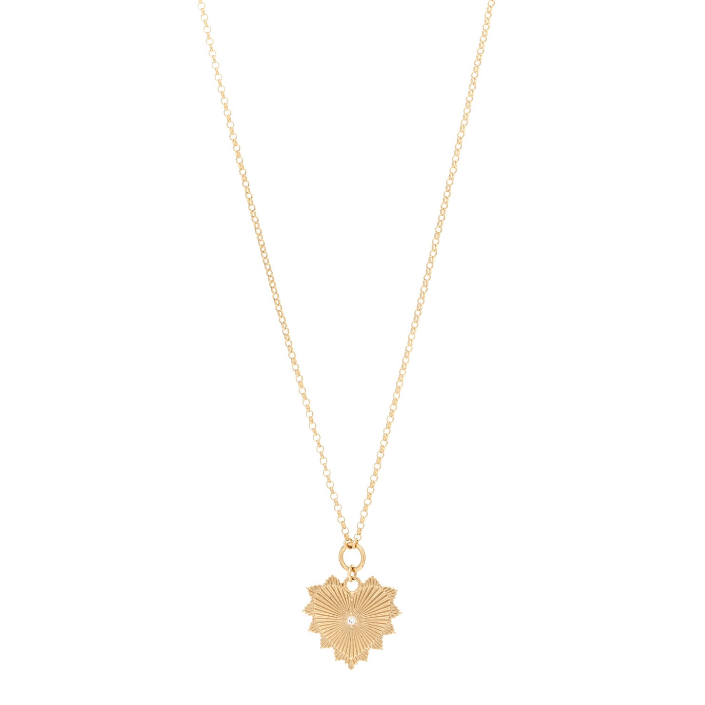 18K Yellow Gold Diamond Medium Radiating Heart Medallion Belcher Chain Necklace
