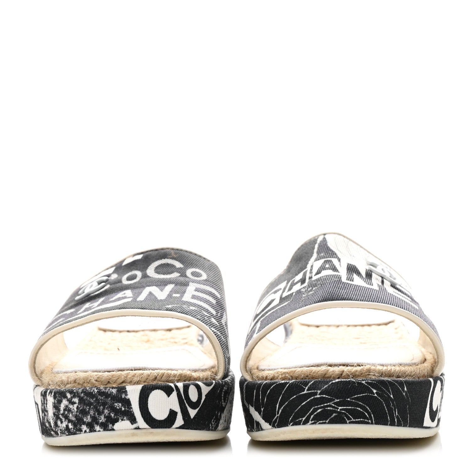 Chanel Fabric Grosgrain Printed CC Espadrille Slip On Sandals 40 Black White 3 of 10