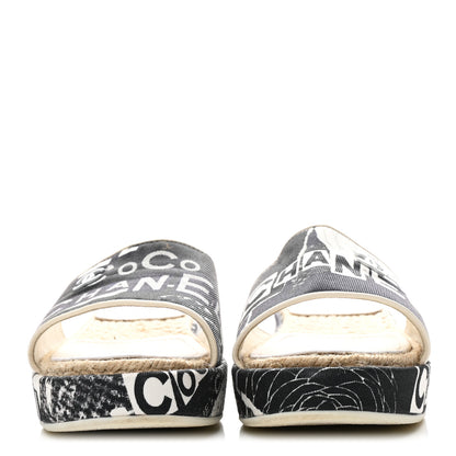 Chanel Fabric Grosgrain Printed CC Espadrille Slip On Sandals 40 Black White 3 of 10