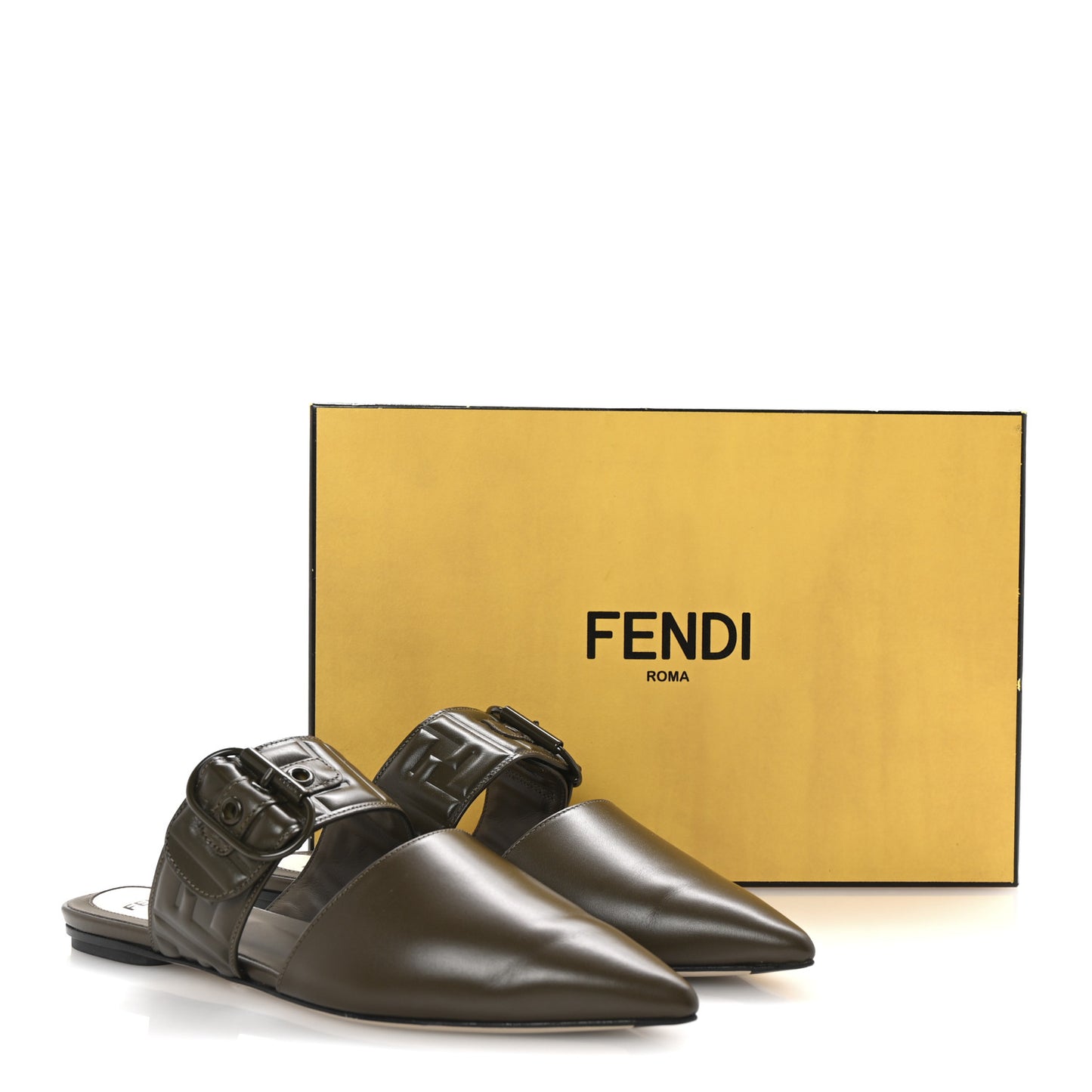 Vitello FF Embossed Buckle Flat Mules 37 Wood