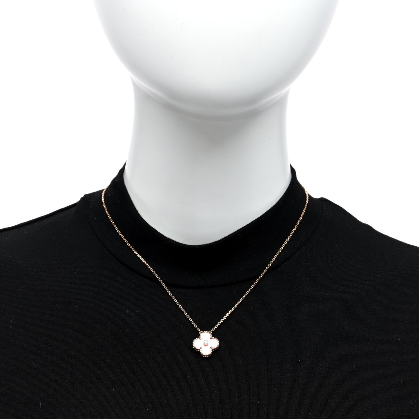 18K Rose Gold Diamond Pink Porcelain Vintage Alhambra Pendant Necklace