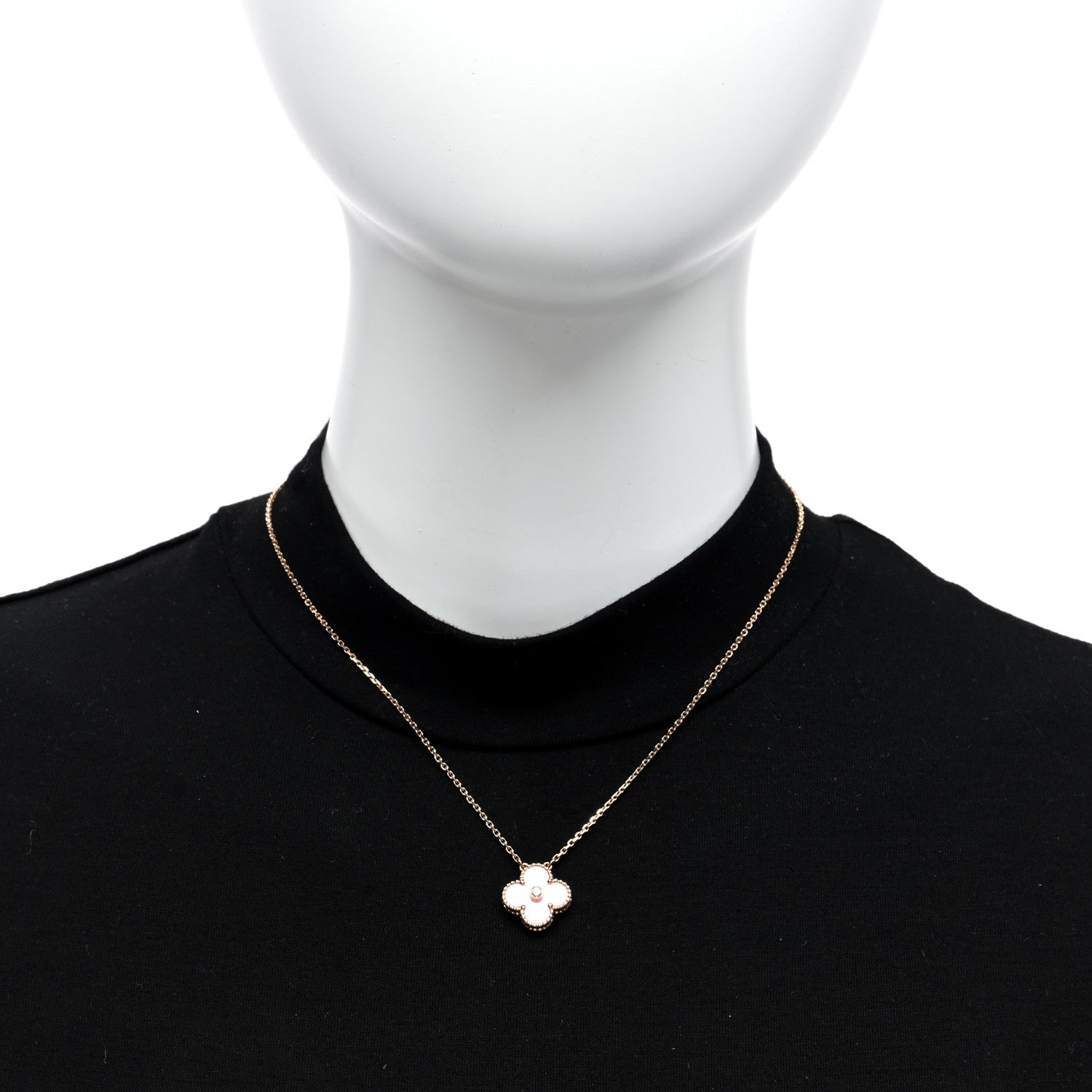 Van Cleef & Arpels 18K Rose Gold Diamond Pink Porcelain Vintage Alhambra Pendant Necklace 2 of 5