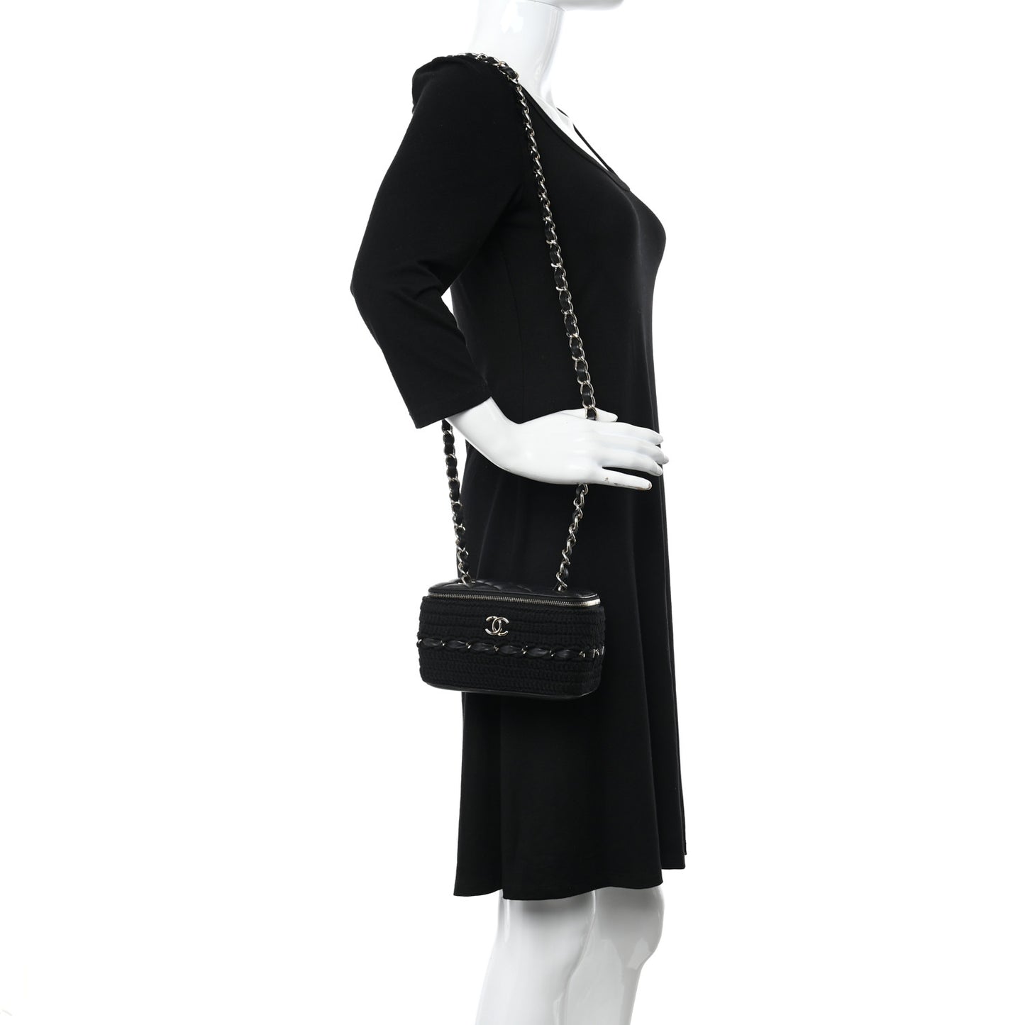 Lambskin Crochet Quilted Small Vanity Case With Chain Black