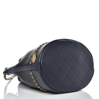 Chanel Grained Calfskin Lambskin CC Drawstring Bag Black Dark Blue 4 of 8