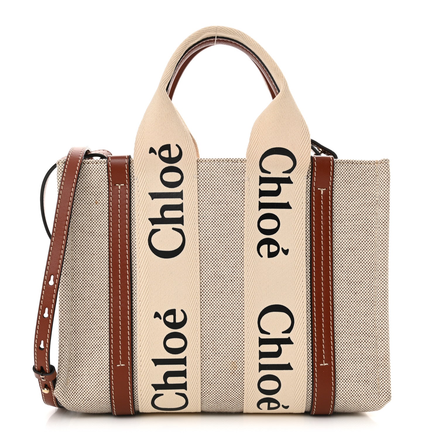 Chloe Cotton Calfskin Small Woody Ribbon Tote With Strap White Brown 1 of 13