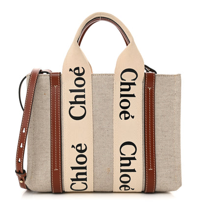 Chloe Cotton Calfskin Small Woody Ribbon Tote With Strap White Brown 1 of 13