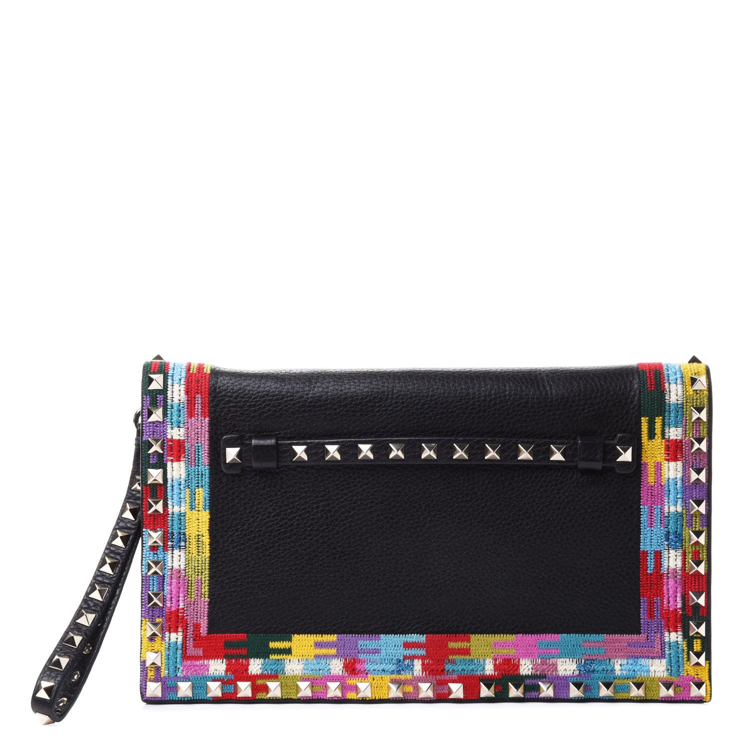 Valentino Garavani Grained Calfskin Embroidered Rockstud Wristlet Clutch Black 1 of 4
