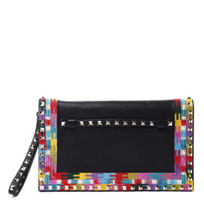 Valentino Garavani Grained Calfskin Embroidered Rockstud Wristlet Clutch Black 1 of 4