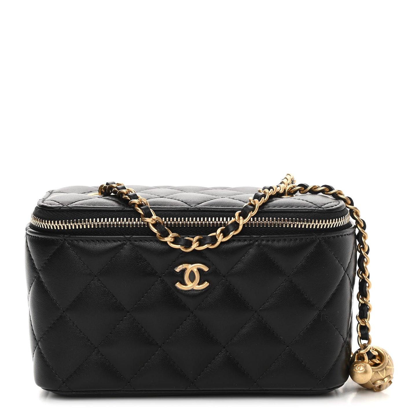 Lambskin Quilted Pearl Crush Small Vanity Case With Chain Black