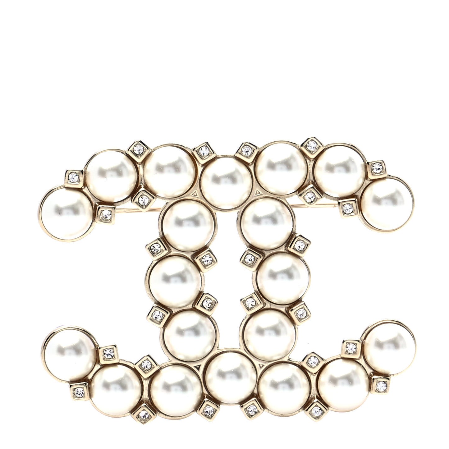 Crystal Pearl CC Brooch Gold