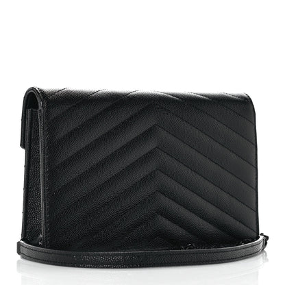 Saint Laurent Grain De Poudre Matelasse Chevron Monogram Monochrome Envelope Chain Wallet Black 2 of 9