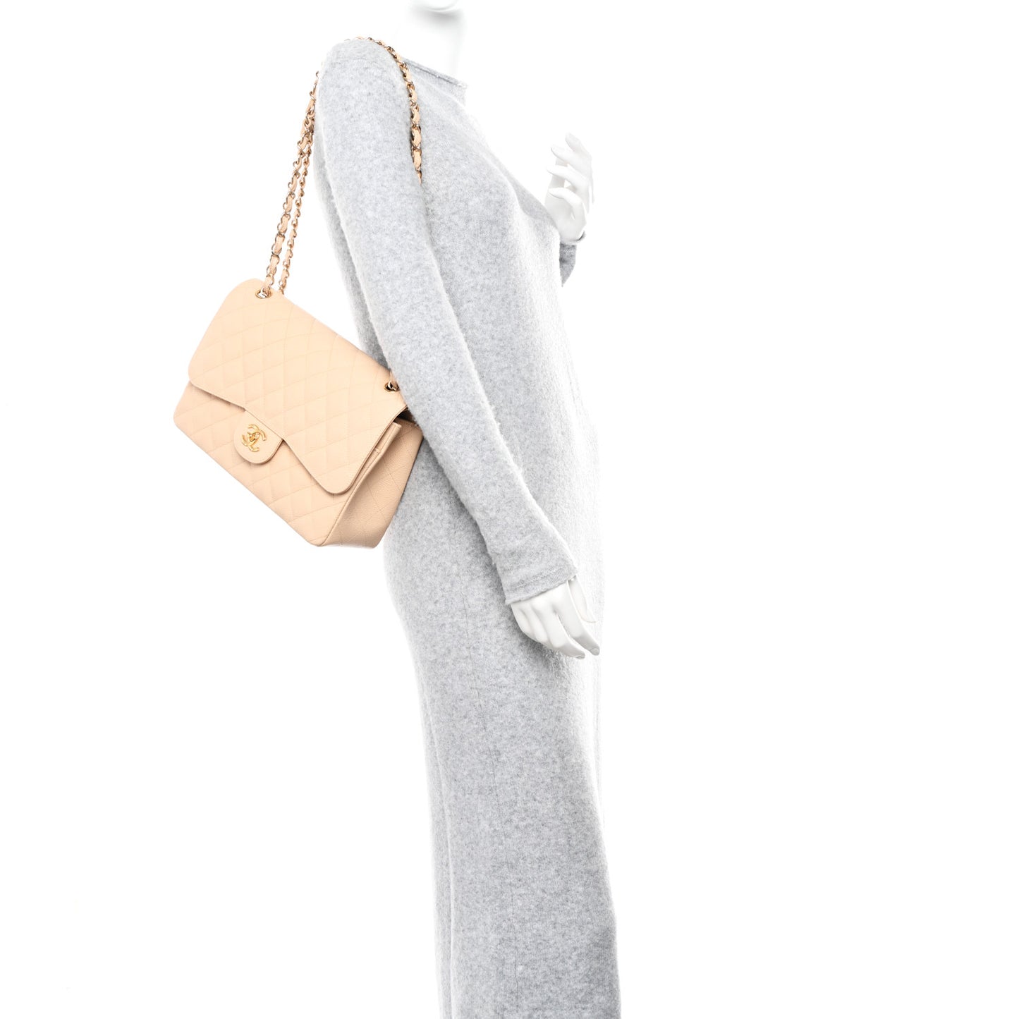 Caviar Quilted Jumbo Double Flap Beige