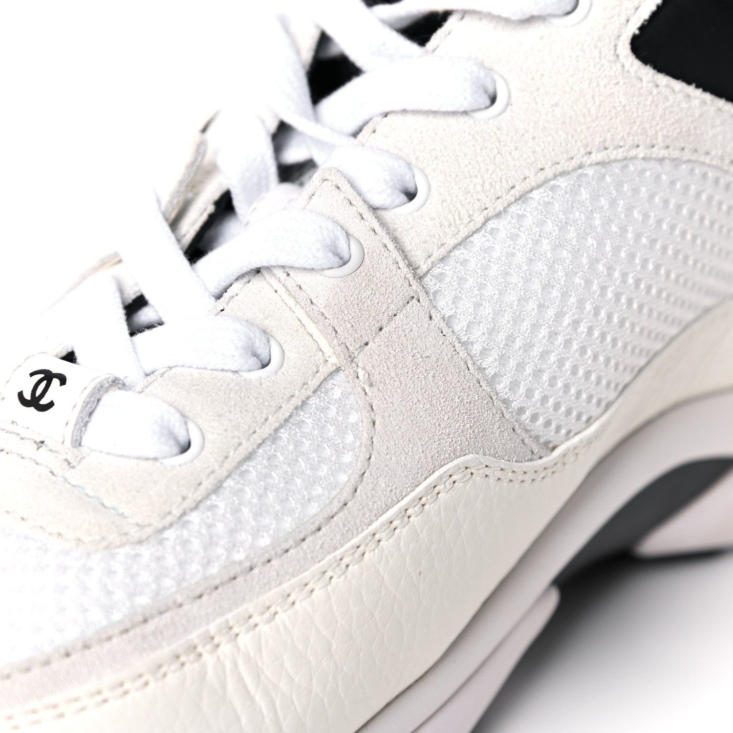 Chanel Mesh Suede Calfskin Grained Calfskin Womens CC Sneakers 39 White Black 7 of 8