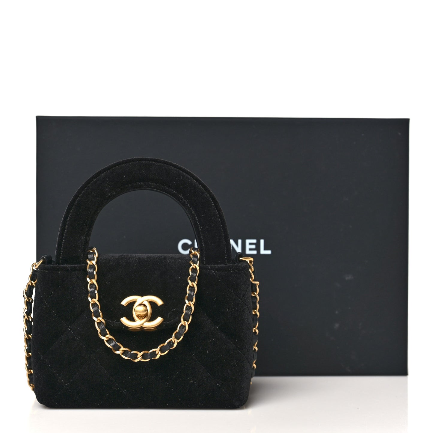Velvet Quilted Mini Nano Kelly Shopper Black