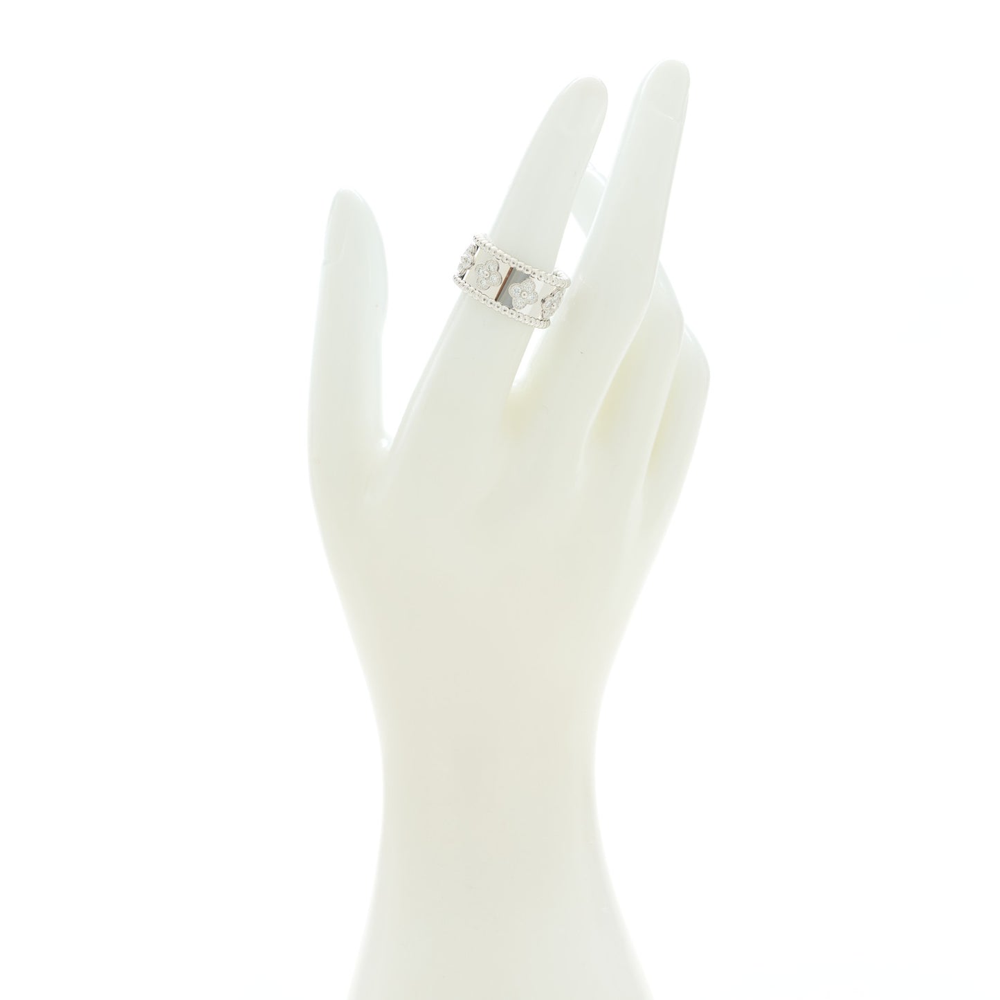 18K White Gold Diamond Medium Perlee Clover Band Ring 52 6