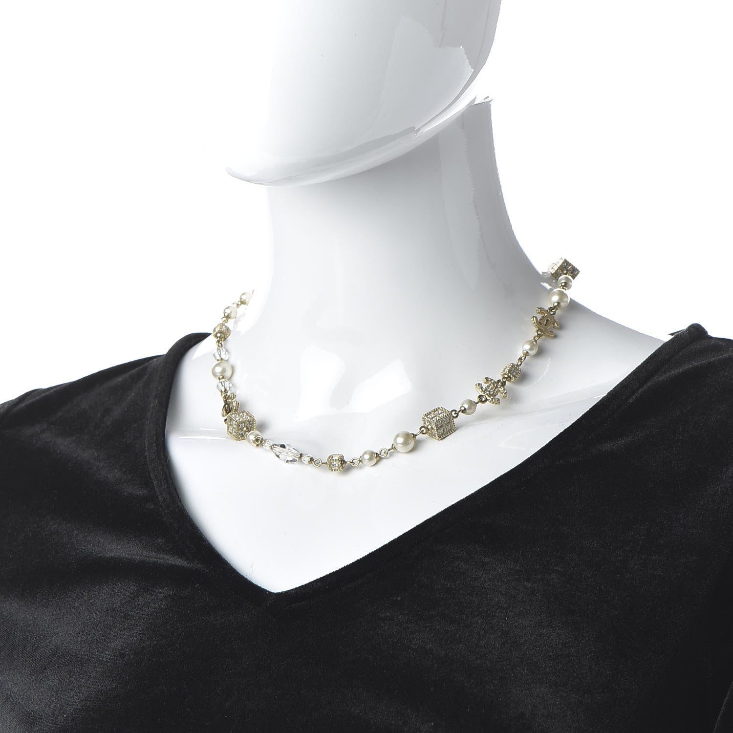 Chanel Pearl Bead Crystal CC Short Necklace Gold 2 of 6