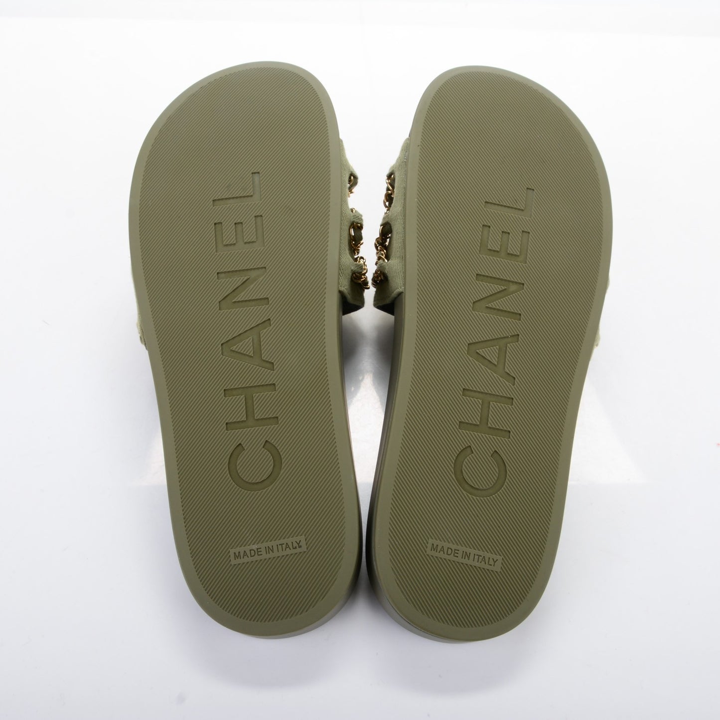 Lambskin Canvas Chain Flat Sandals 40 Khaki