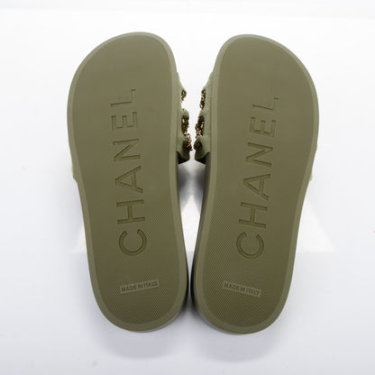 Chanel Lambskin Canvas Chain Flat Sandals 40 Khaki 5 of 9