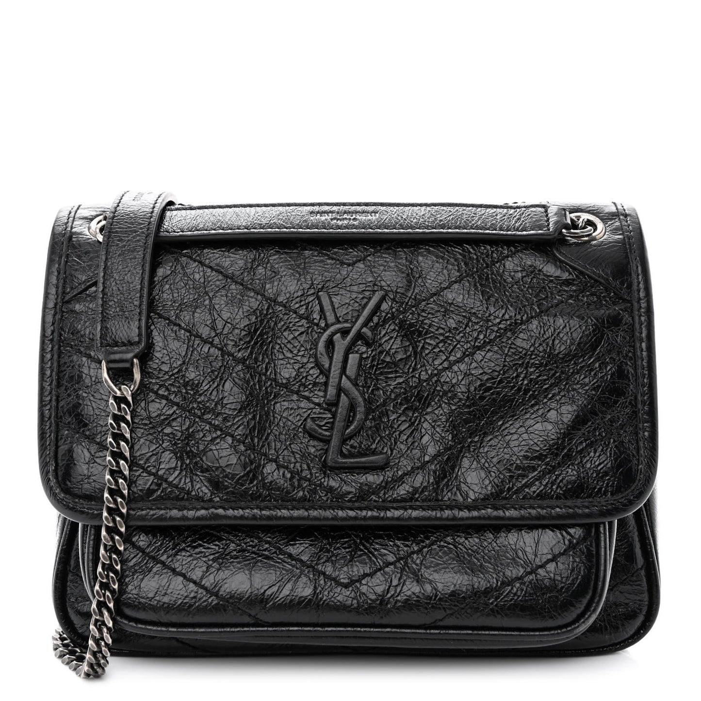 Crinkled Calfskin Matelasse Monogram Baby Niki Chain Satchel Black