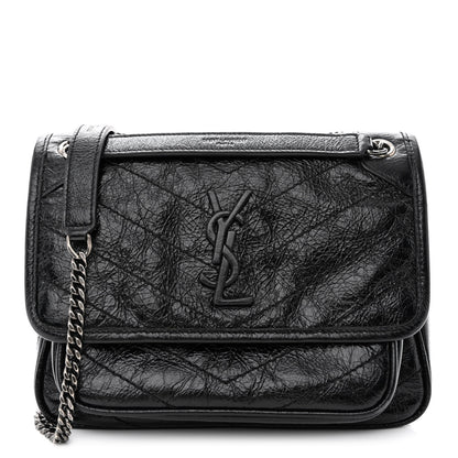 Saint Laurent Crinkled Calfskin Matelasse Monogram Baby Niki Chain Satchel Black 1 of 12