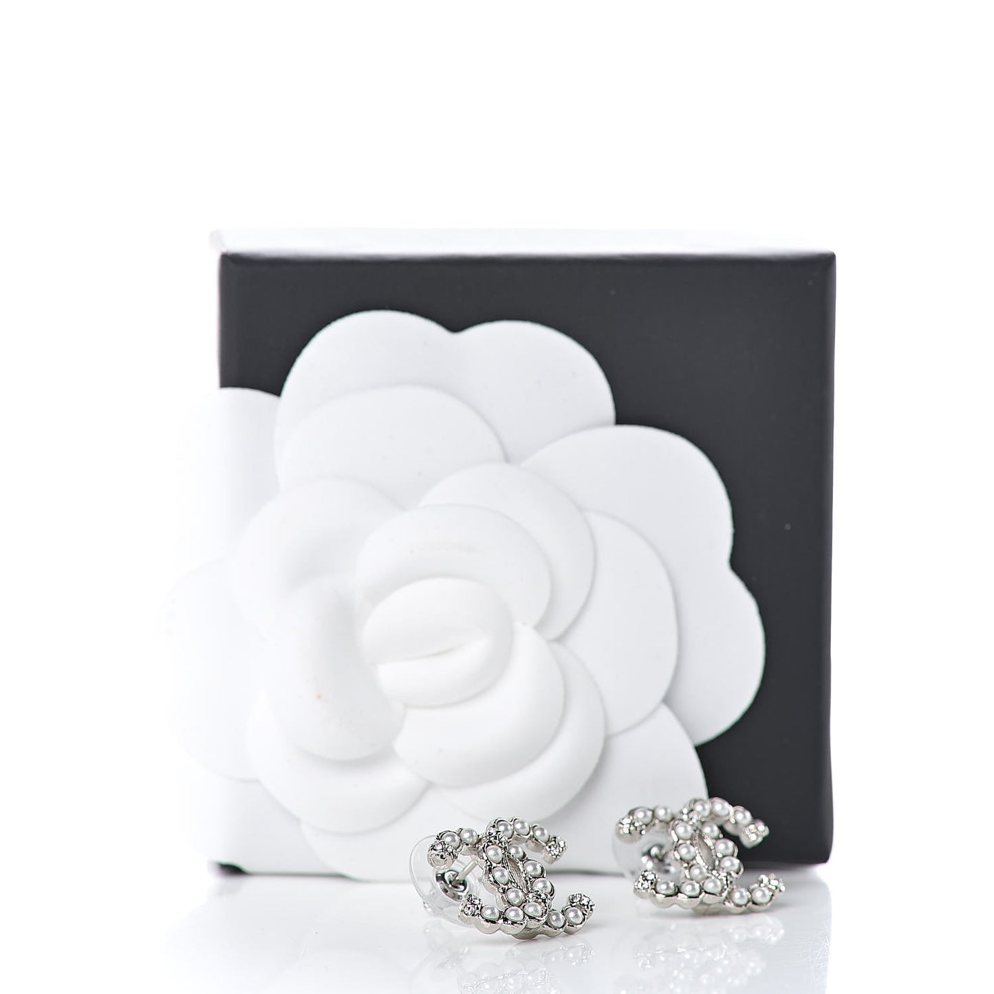 Pearl Crystal CC Regalia Small Button Earrings Silver