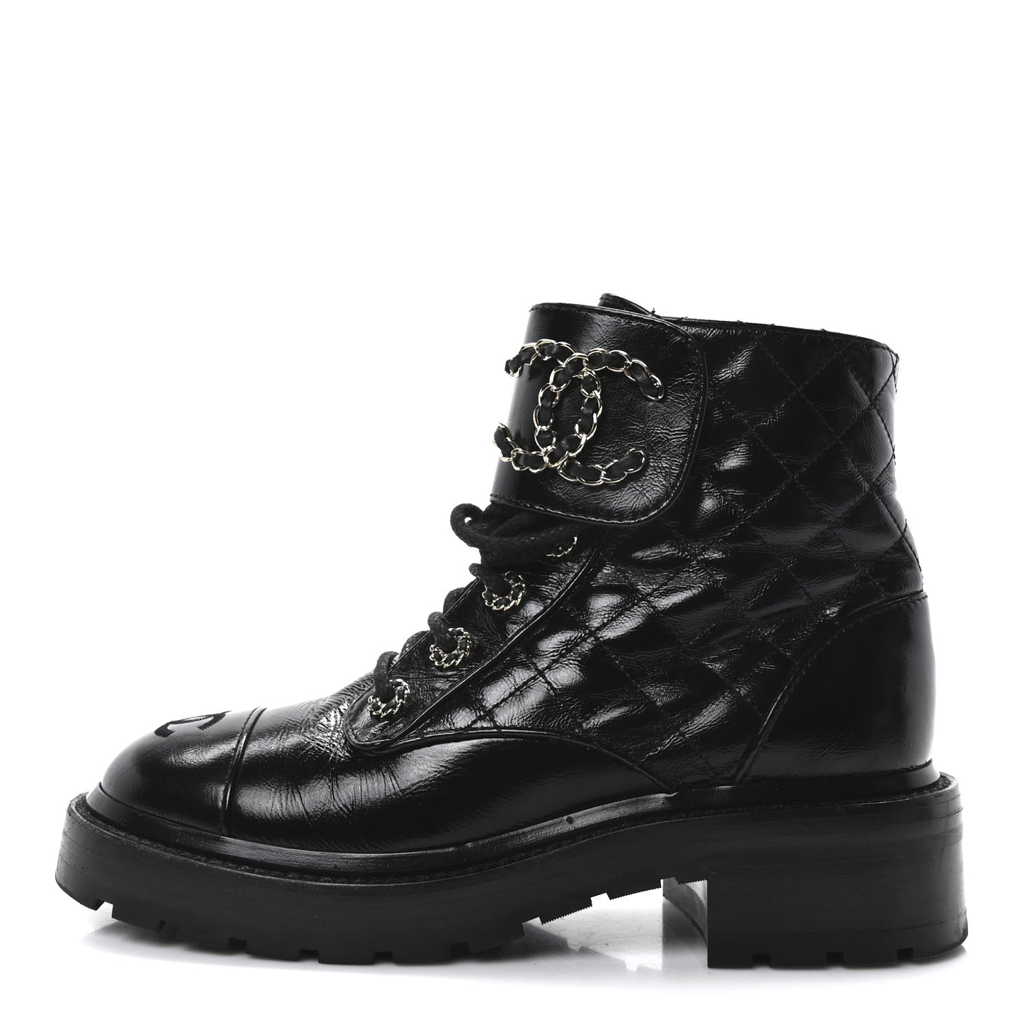 Shiny Calfskin Quilted Lace Up Combat Boots 36 Black