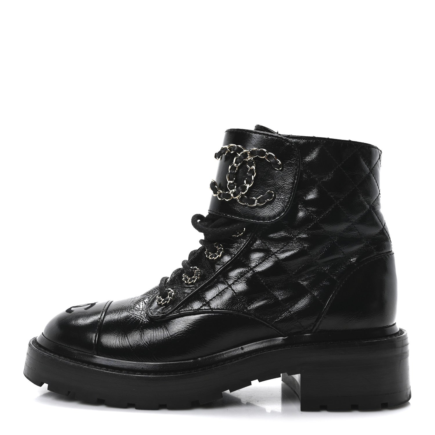 Chanel Shiny Calfskin Quilted Lace Up Combat Boots 36 Black 1 of 10