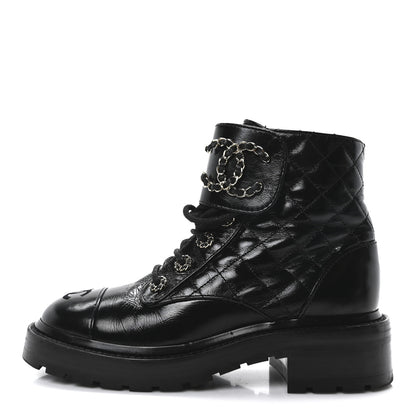 Chanel Shiny Calfskin Quilted Lace Up Combat Boots 36 Black 1 of 10