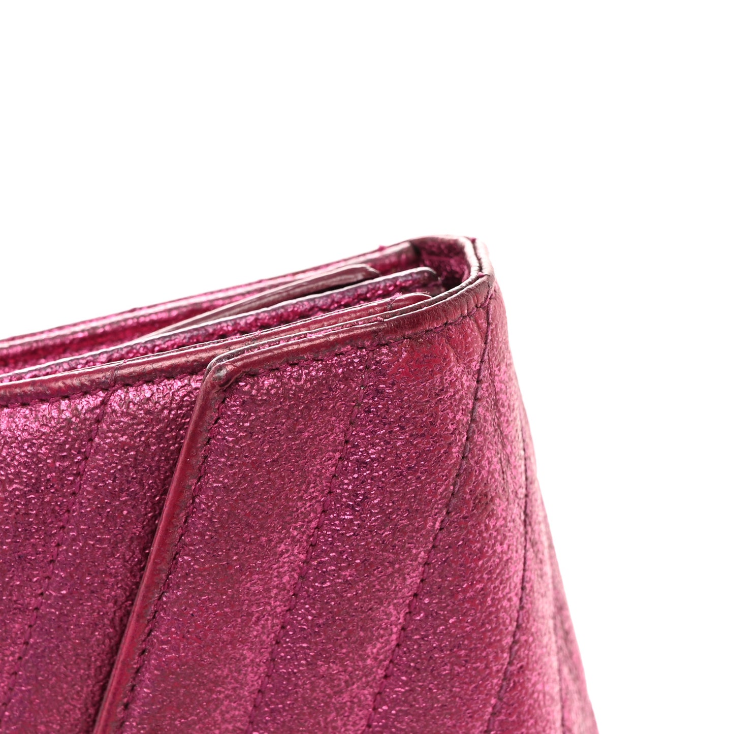 Metallic Crackled Calfskin Matelasse Chevron Monogram Flap Wallet Fuchsia