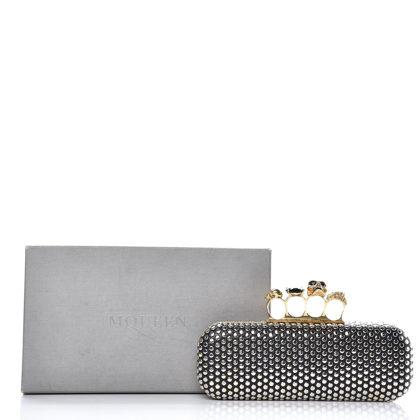 Lambskin Studded Skull Knuckle Box Clutch Black