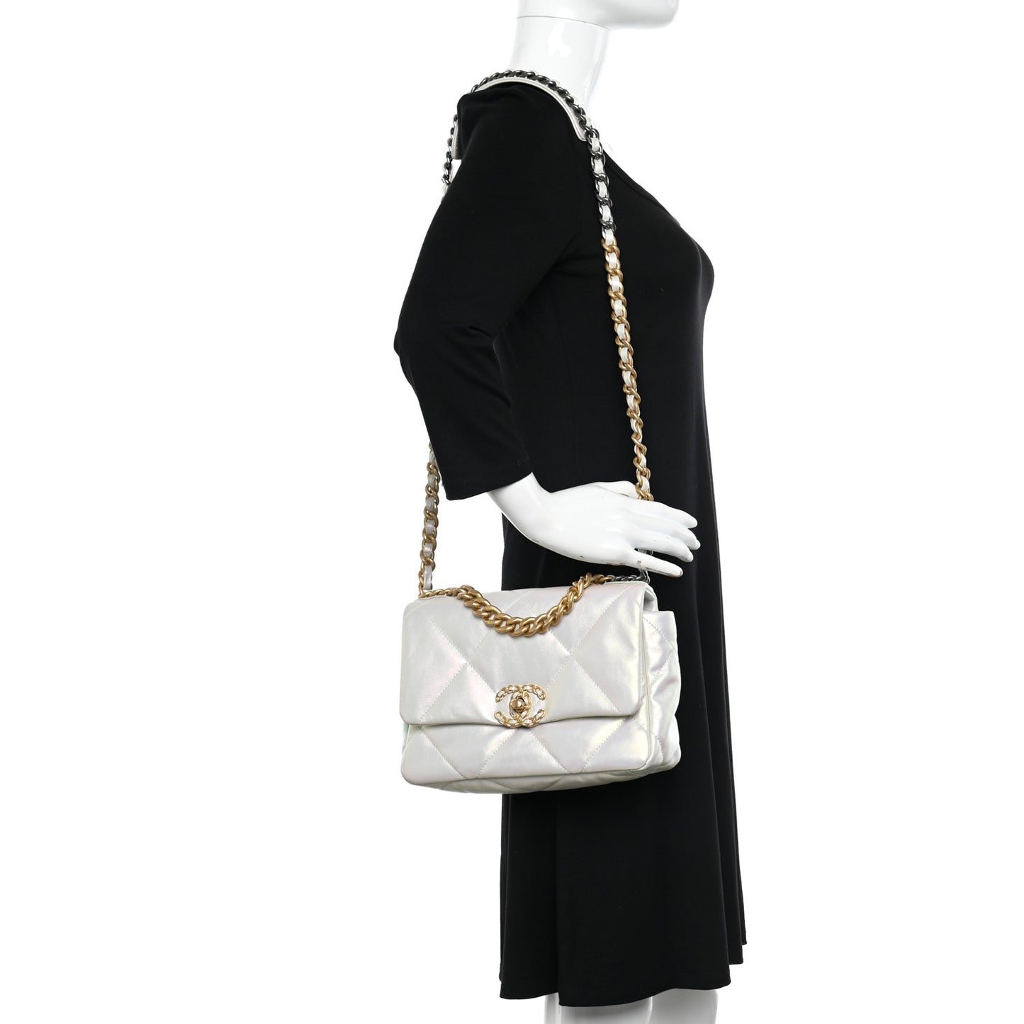 Iridescent Calfskin Quilted Medium Chanel 19 Flap White